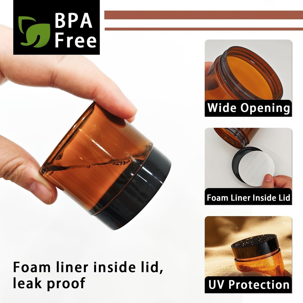 20 Pack 2 oz Small Amber Plastic Jars with Lids and Labels, Refillable Round ...