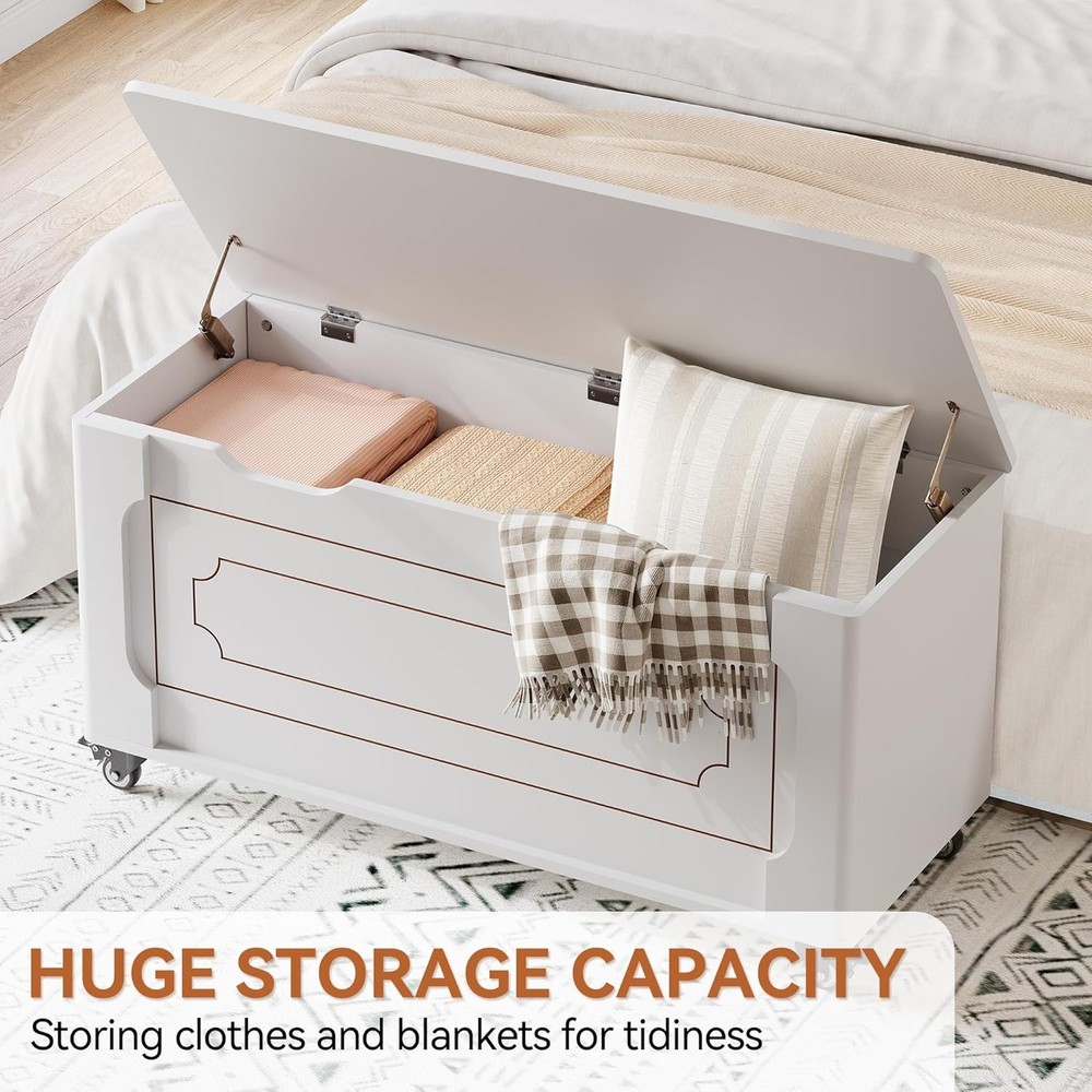 Versatile White Wood Storage Bench, Safety Hinge & Rounded Corner, 350lb Support
