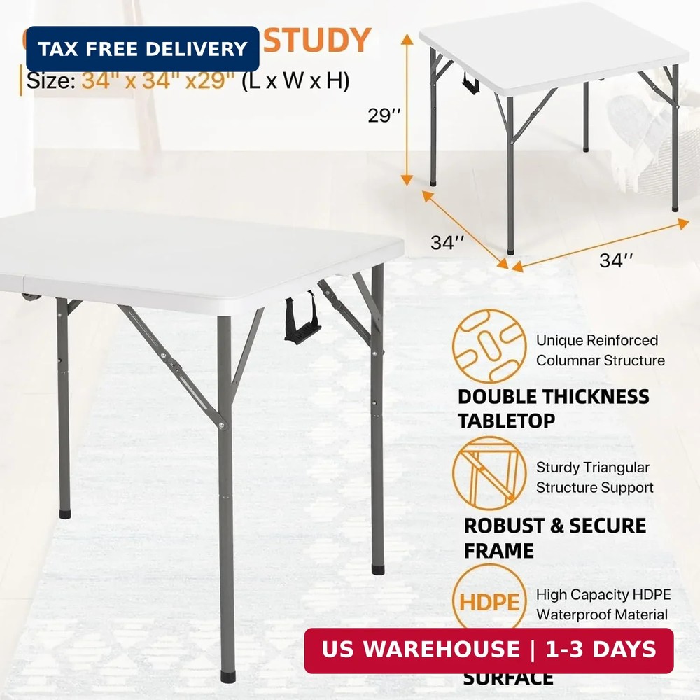 34" Square Folding Table Fold-in-Half Utility Dining Portable Table Heavy Duty H