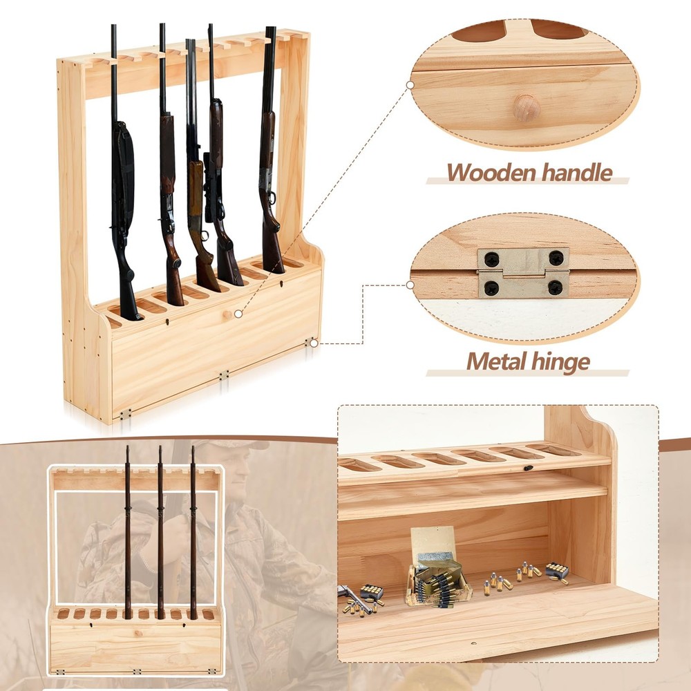 Soaoo Gun Rack with Storage Wood Gun Storage Display Rack Solid Pine Standing...