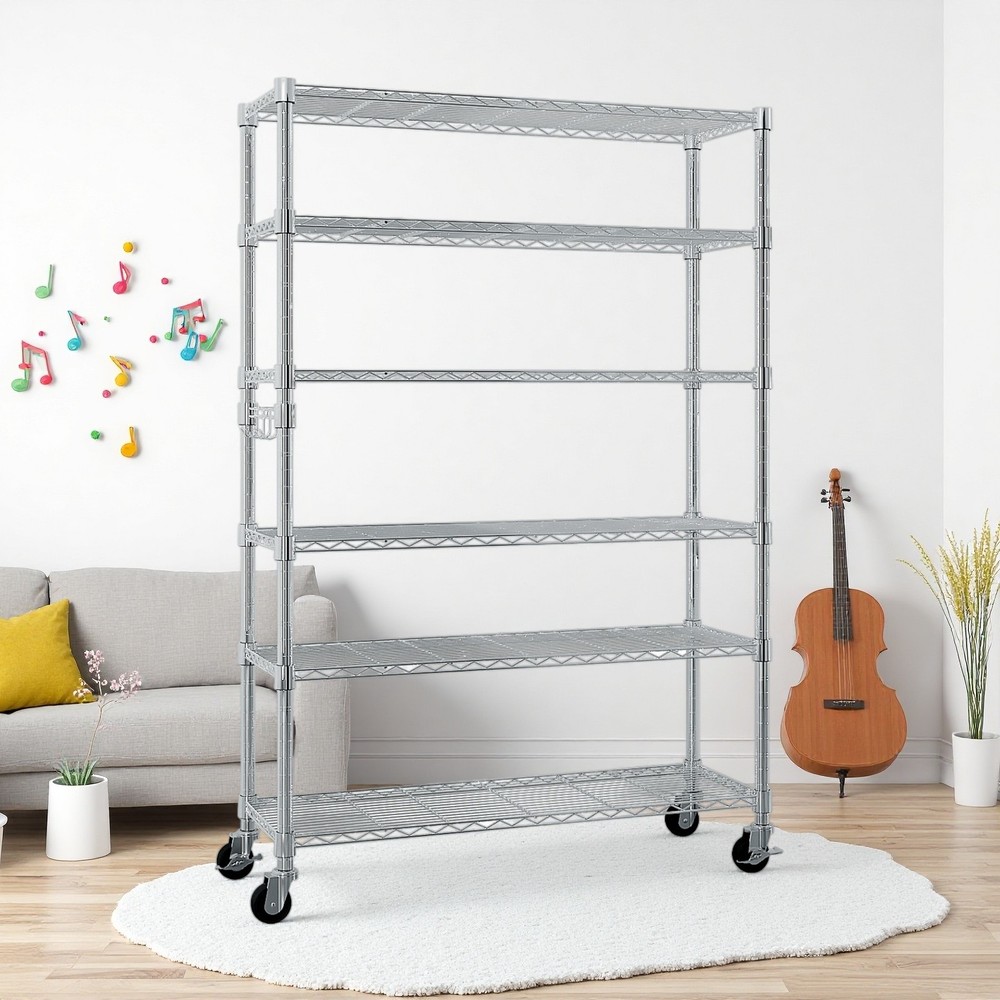 6-Tier Rolling Wire Shelving Unit - Heavy Duty, Adjustable, Silver & Hooks