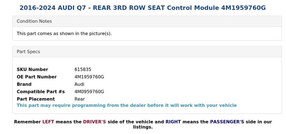 2016-2024 AUDI Q7 - REAR 3RD ROW SEAT Control Module 4M1959760G