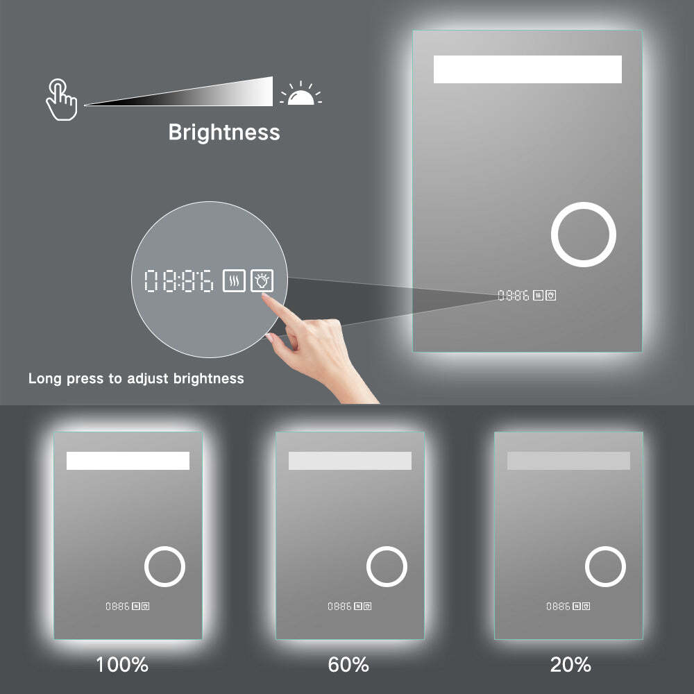 LED Lighted Frameless Smart Bathroom Mirror - Time/Temperature/Magnifying