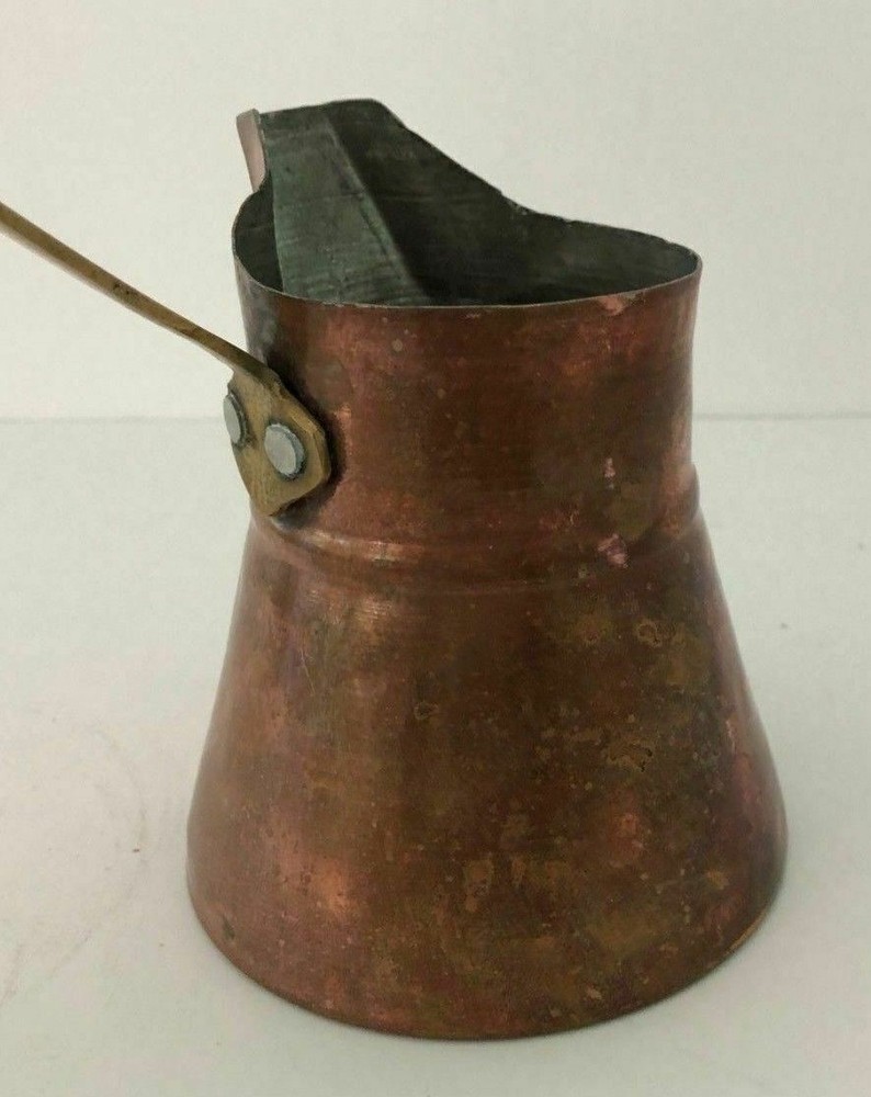 Vintage Turkish Copper Tinned Coffee Pot With Off Centered Long Brass Handle