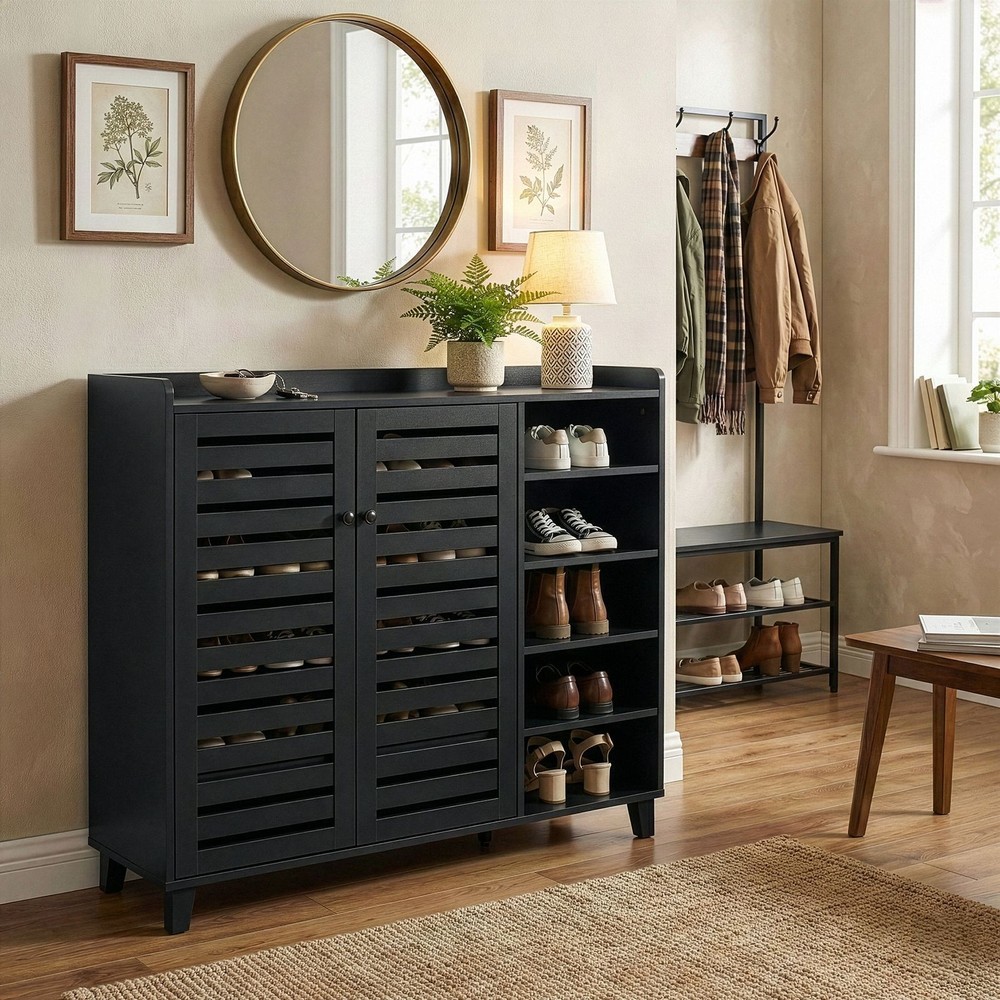 Shoe Cabinet w/ 2 Doors, 5 Open Compartments, Tabletop w/ Back Panel