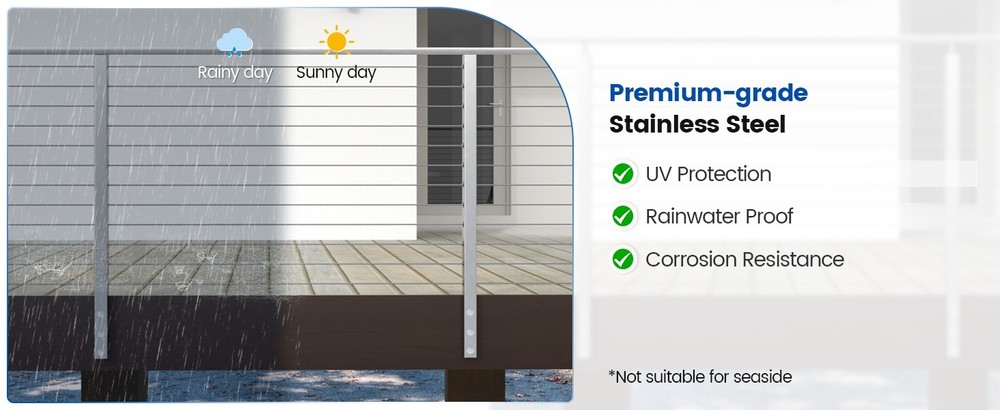 42" Side Mount Cable Railing Post Level Drilled Space-Saving Brushed Stainless
