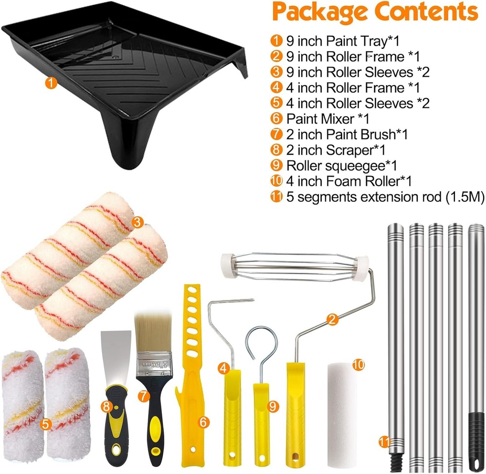13pcs Paint Roller Set,Paint Rollers & Tray Set with Extension Pole,Includes a P