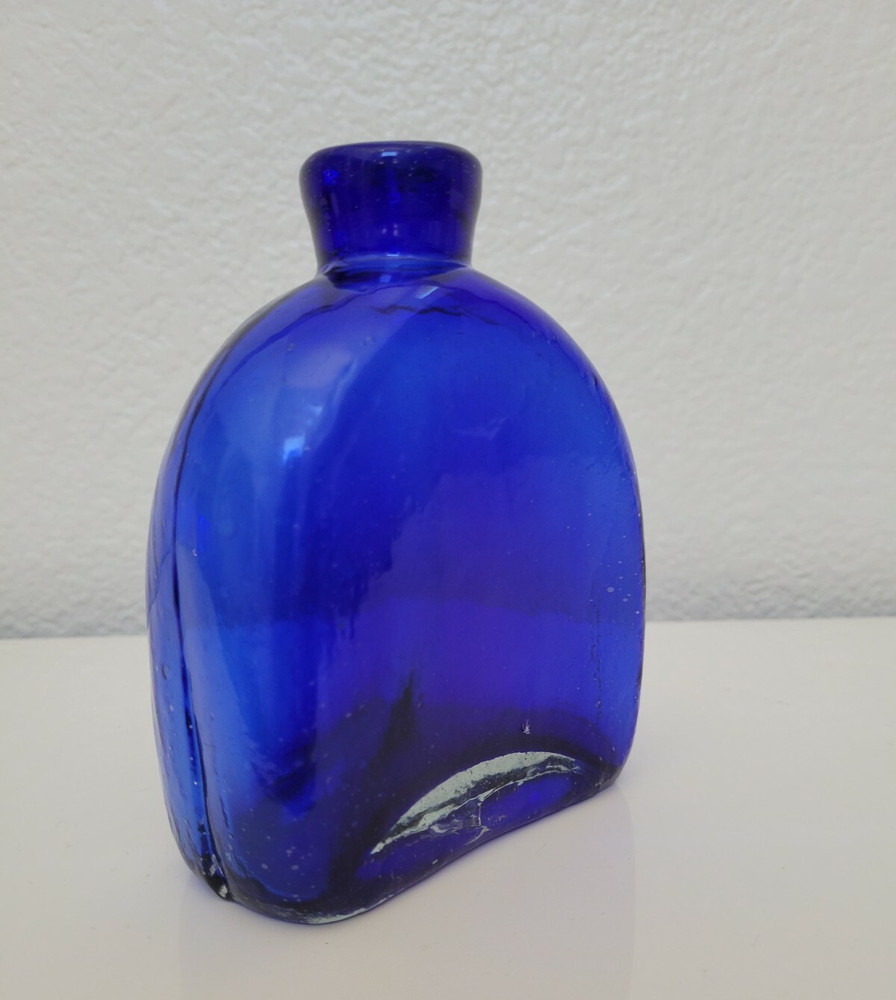 COBALT BLUE BLENKO HANDBLOWN GLASS RECTANGULAR BOTTLE 5.25 INCHES