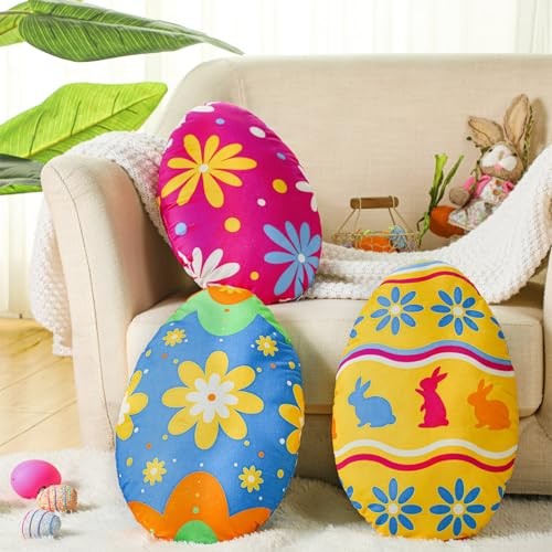 Thinkday 3 Pcs Easter Eggs Pillow Soft Plush Easter Eggs Shaped Pillow with PP