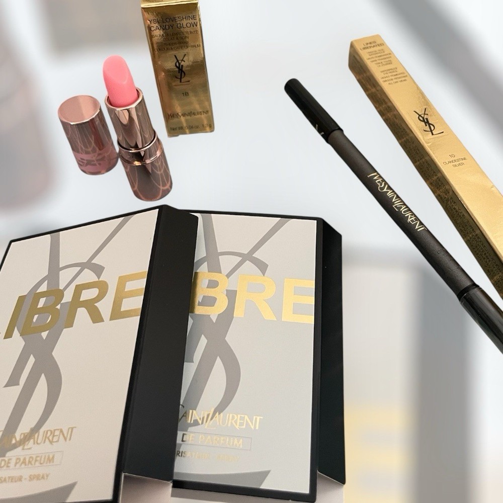 YSL Bundle including: 2 Libre samples, YSL Candy Glow MINI, eye pencil New