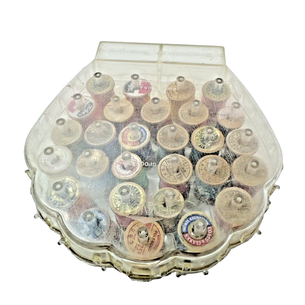 Vtg Plastic Clear Acrylic Thread Spool Holder Seashell Clam Shell Shape w Thread