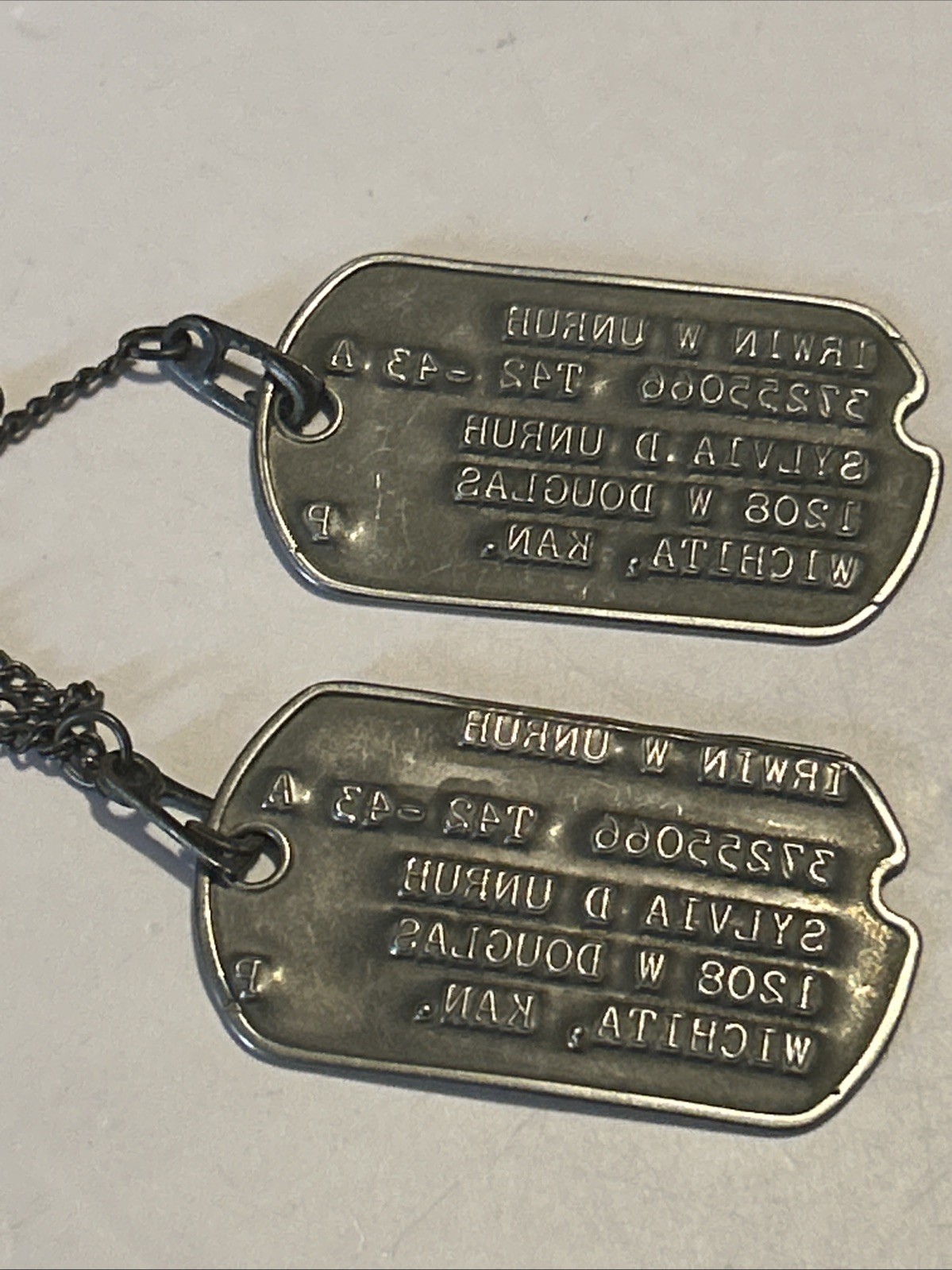 WW2 Female NOK Next Of Kin Dog Tags-one Pair- Original With Chain Kansas
