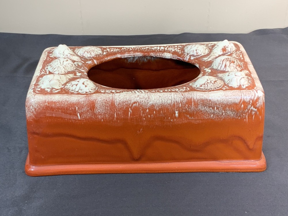 Vintage 60s 70s Retangular Ceramic Tissue Box Brown Drip Glaze Shells Beach