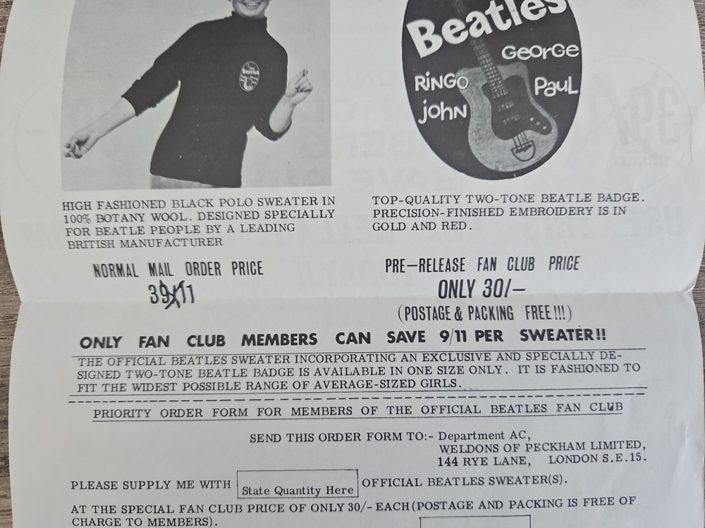 Original 1963 Beatles Sweater Order Form Complete
