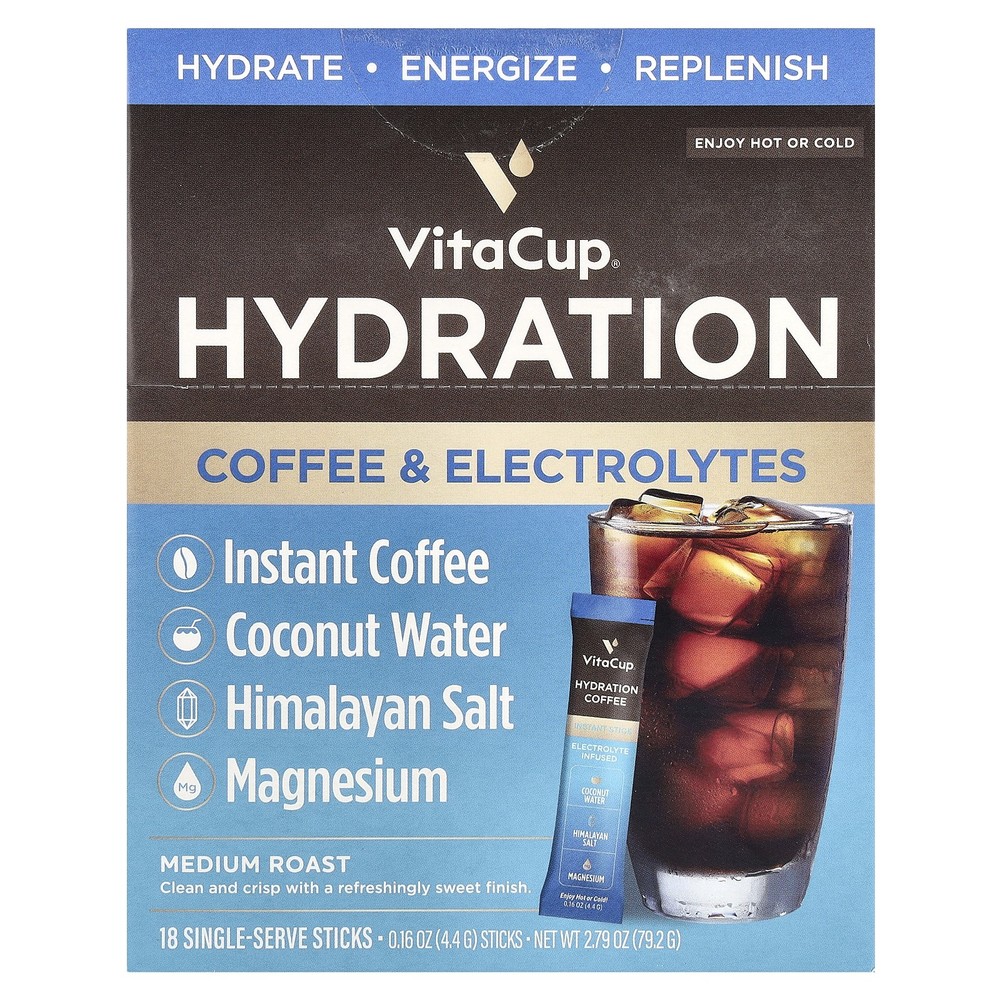 Hydration Instant Coffee & Electrolytes, Medium Roast, 18 Single-Serve Sticks,