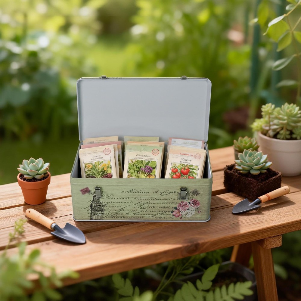 Metal Seed Organizer Storage Box - Rustic Garden Seed Saver Container for Pac...