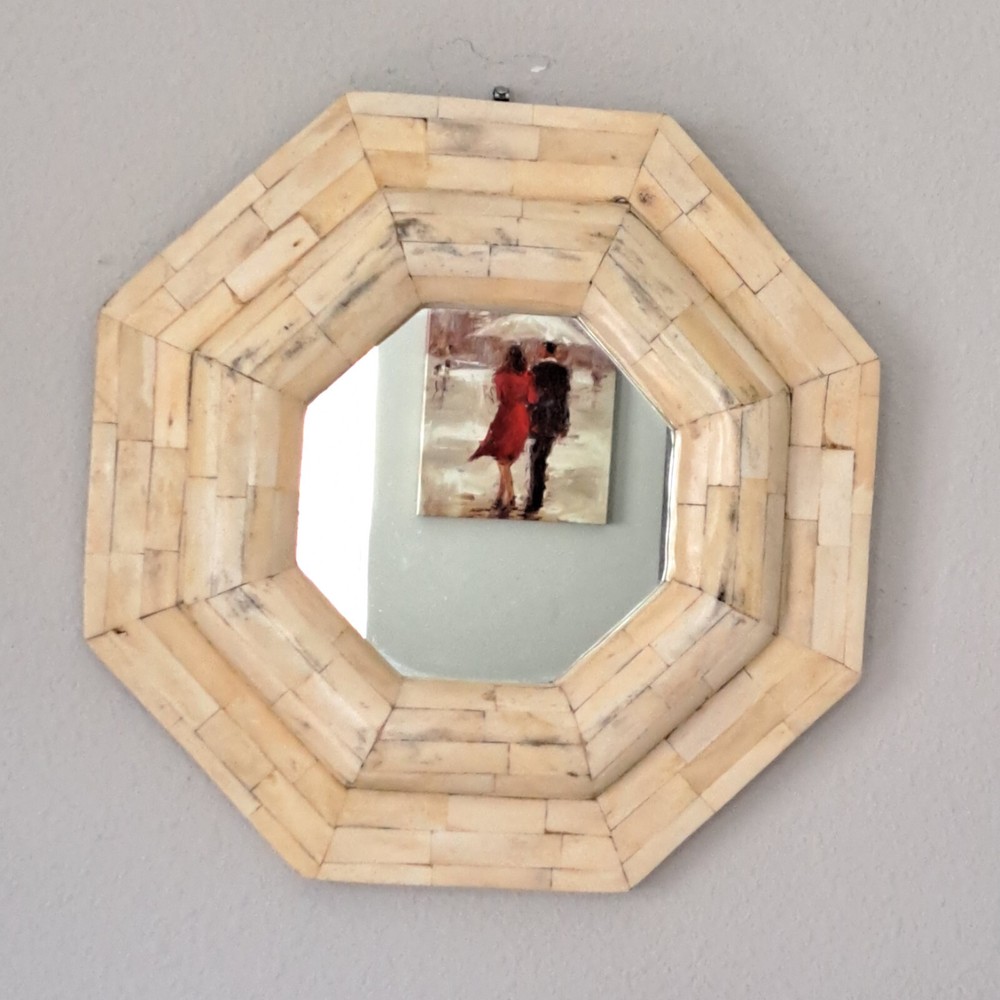 13" Vintage Octagonal Bone Inlay Wall Hanging Mirror