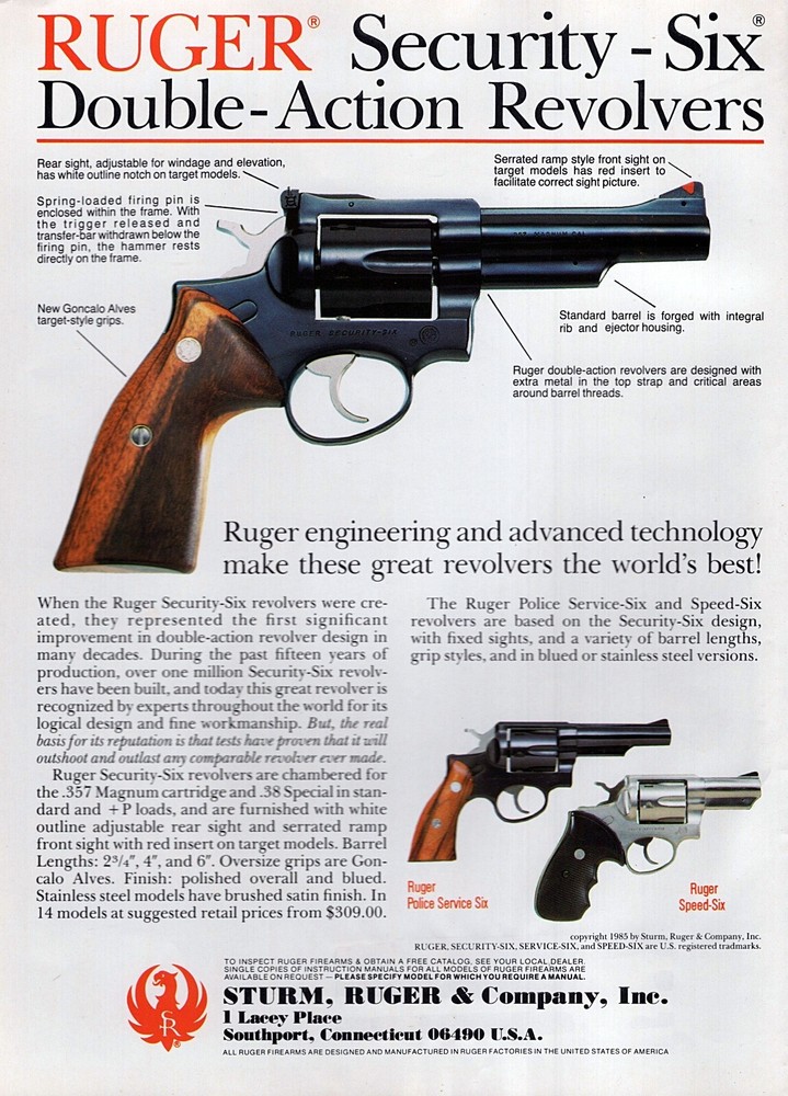 1985 Ruger Security Six Revolver Original Color Print Ad