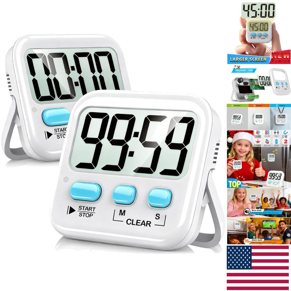 Versatile 2 Pack Kitchen & Classroom Timers - Large Display, Loud/Silent Mode
