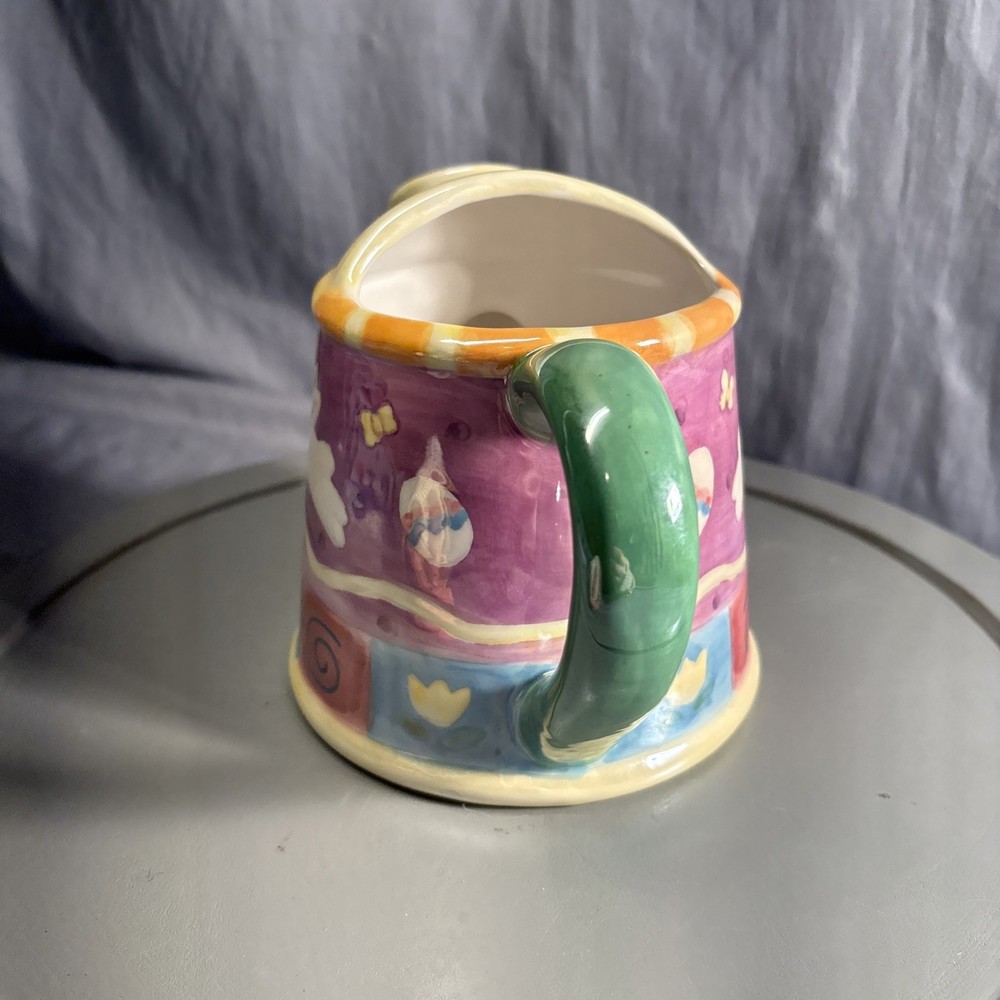 Vtg Watering Can or Planter 6.5" 2000 Palm Tree Ceramic Easter Bunny/Eggs Luster
