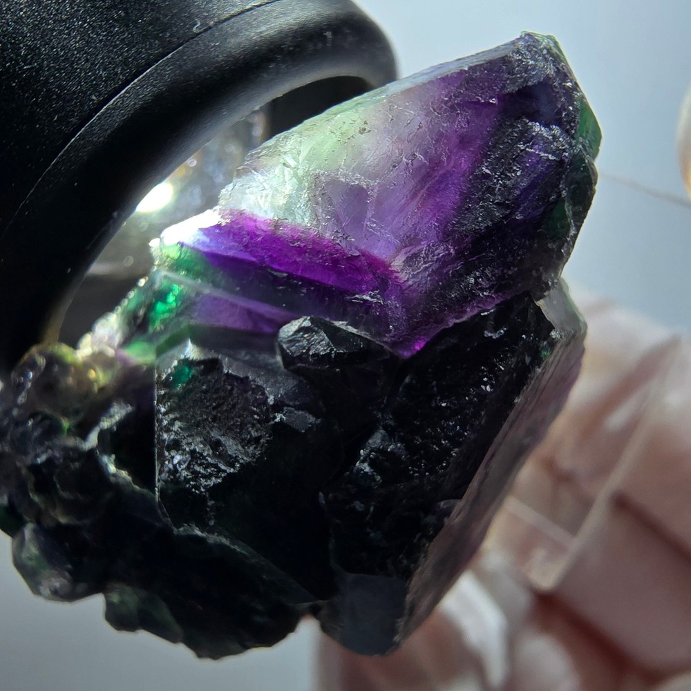 Phantom Fluorite Cube, hexagonal specimen, green purple blue Okorusu, Namibia