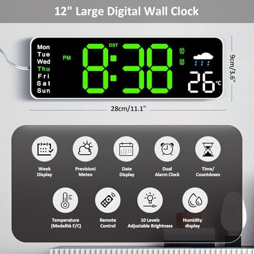 Digital Wall Clock, 12" Digital Clock with Temperature, Humidity,