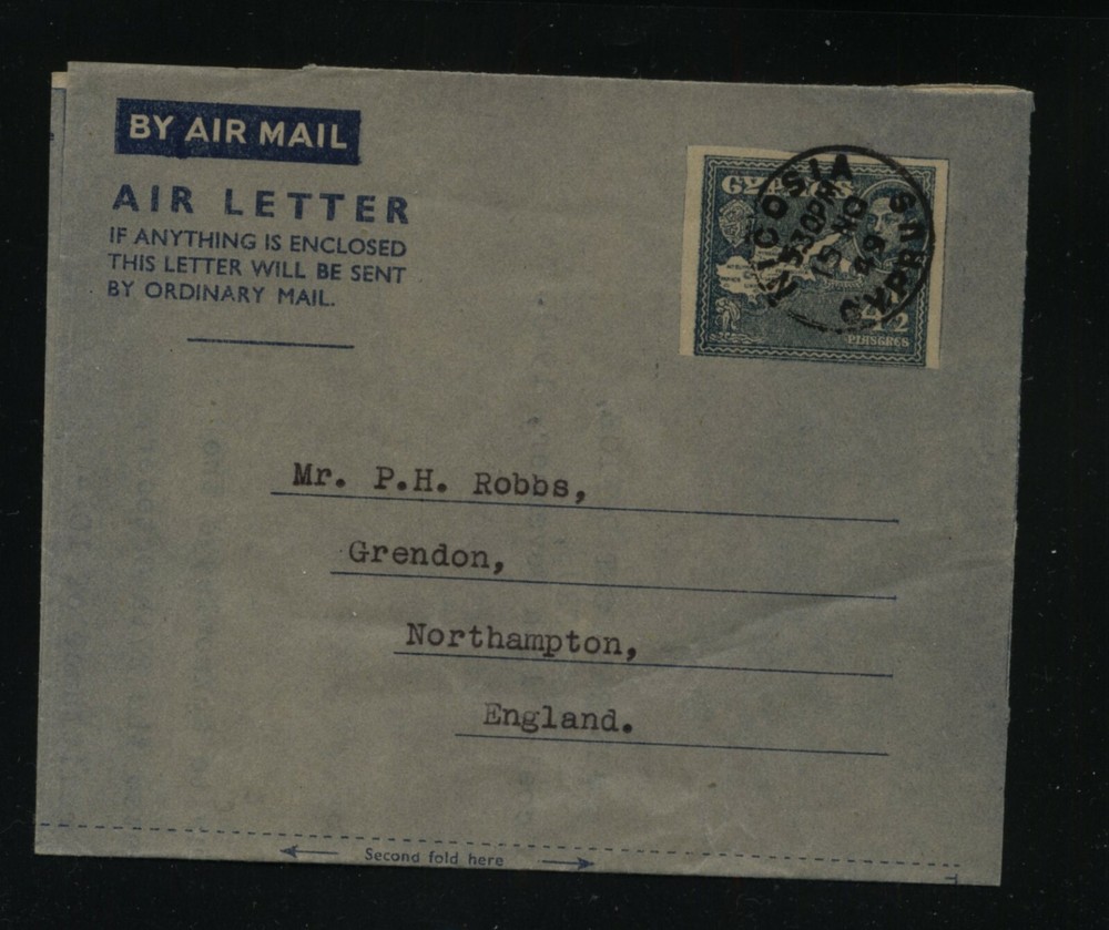 Cyprus  air  letter sheet  to  England   1949         MS0322