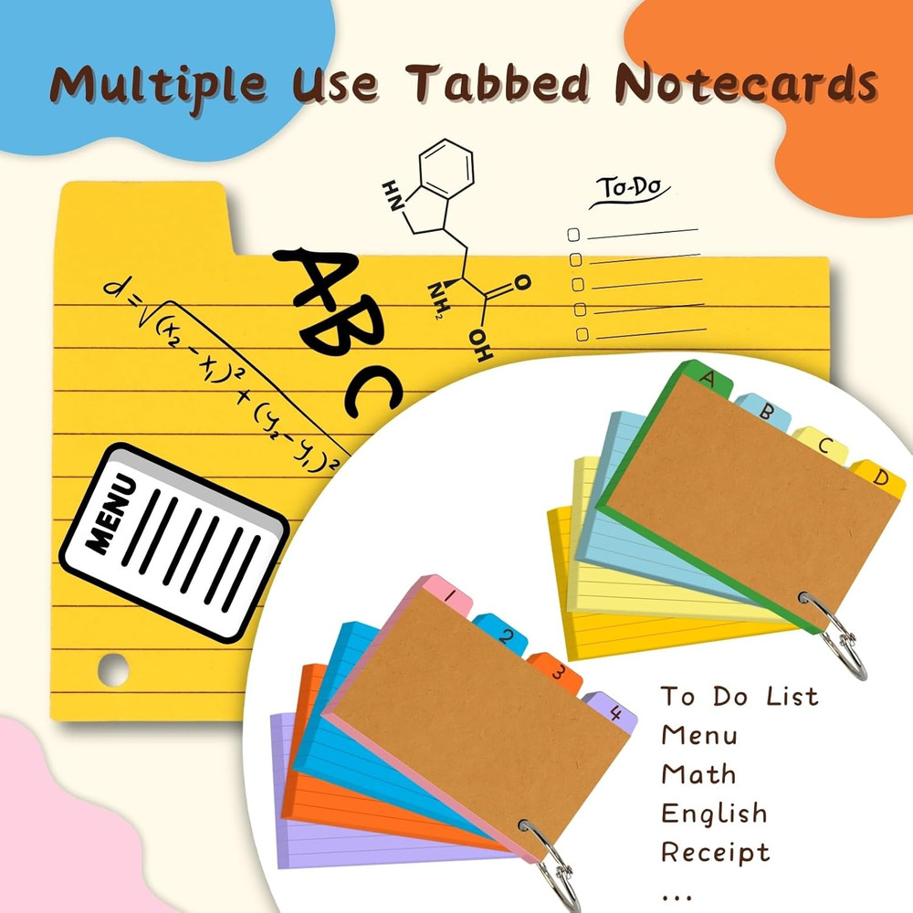 200PCS Tabbed Index Cards with Ring 3X5: Lined Colored Flash Card with Tabs, Ass