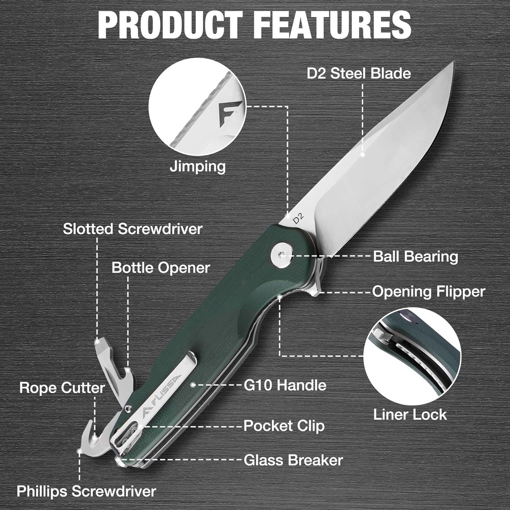 FLISSA 3.3"D2 Blade w/G10 Handle Multitool Pocket Knife Liner Lock Folding Knife