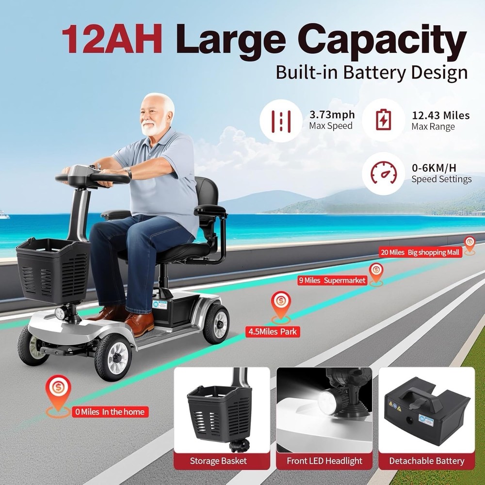 Foldable 4-Wheeled Mobility Scooter Removable Battery 418lbs 12AH Black Silver