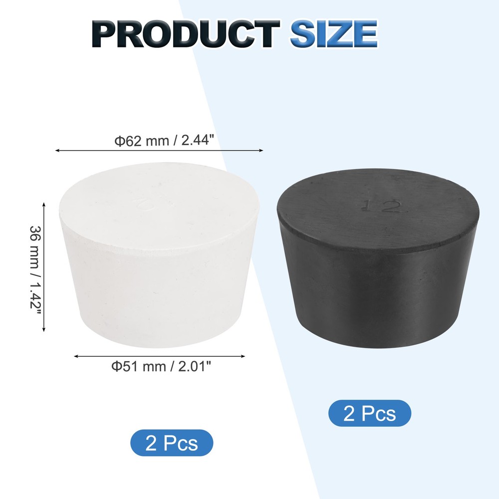4 Pcs Solid Rubber Stopper Size 12#-62mm x 51mm - 36mm Long, Black/White