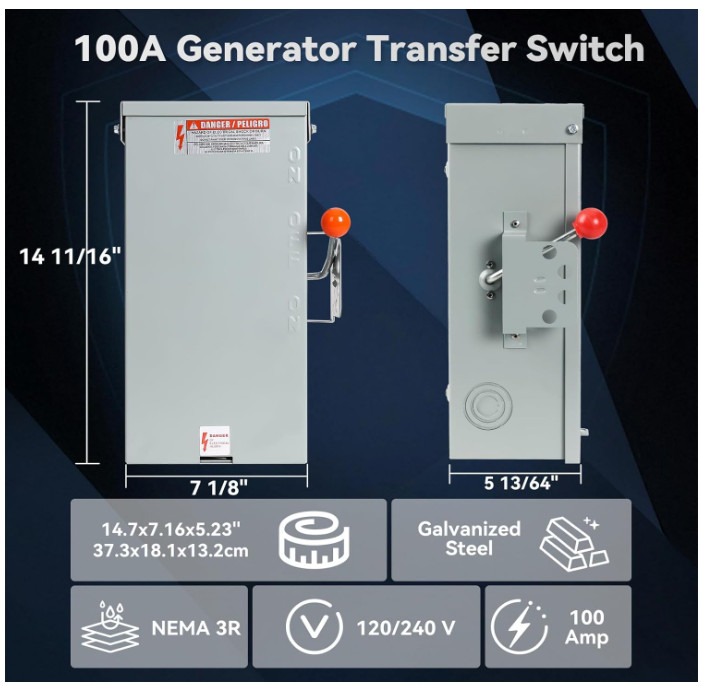 100A Generator Transfer Switch,24000W General-Duty Double-Throw Safety Switch