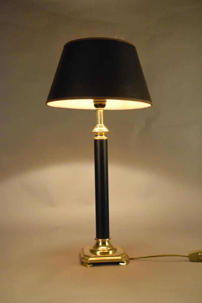 Black Column Table Lamp with Brass Base and Shade