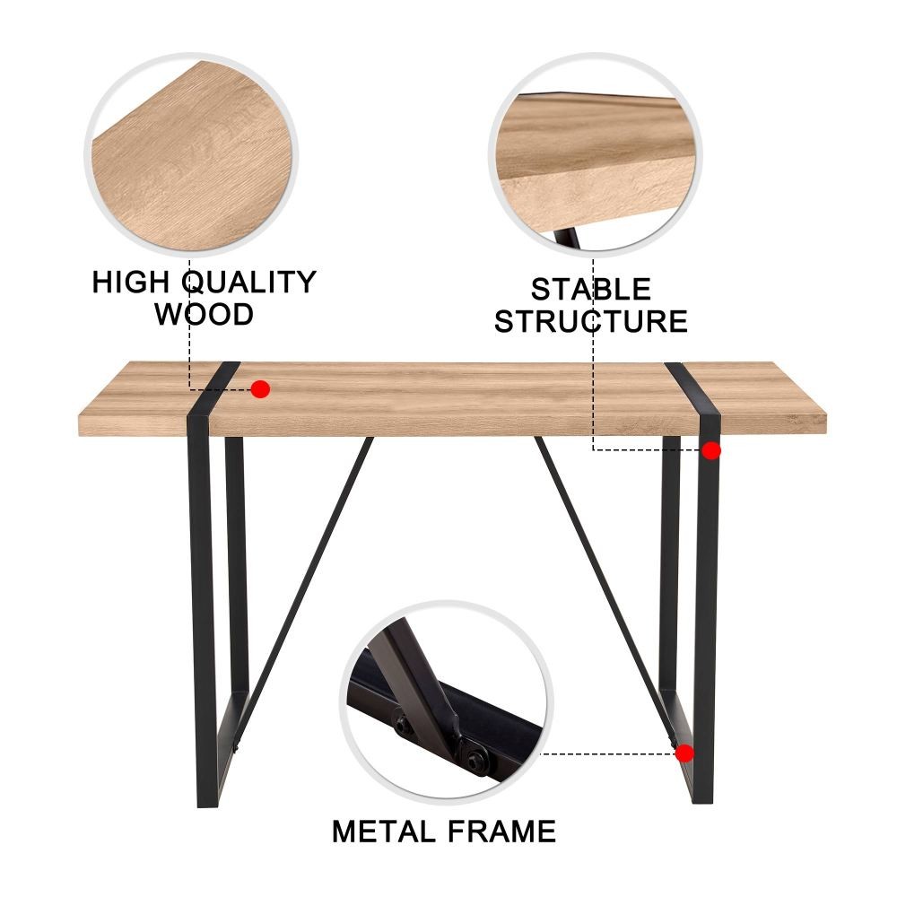 Rectangular dining table with a 1.5-inch thick wooden tabletop and metal legs