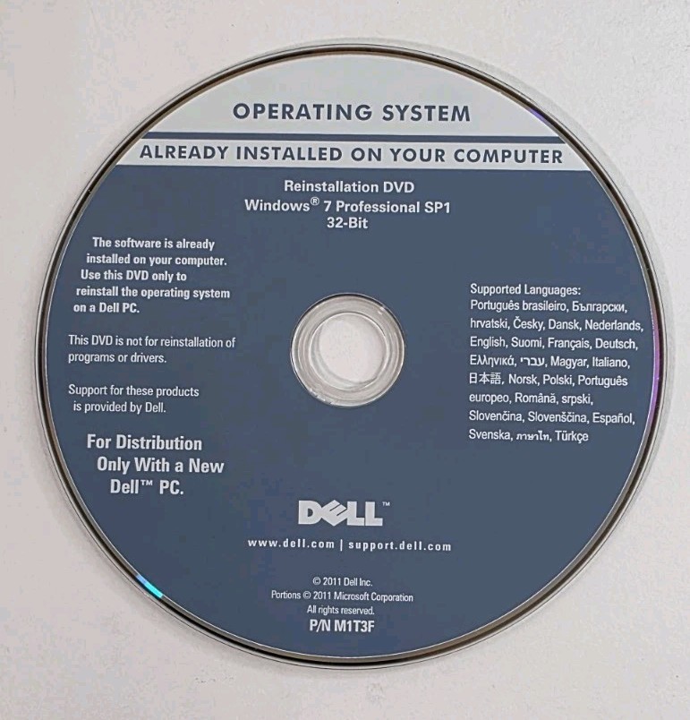 Microsoft Windows 7 Professional SP1 32 Bit DELL Reinstallation DVD Disk
