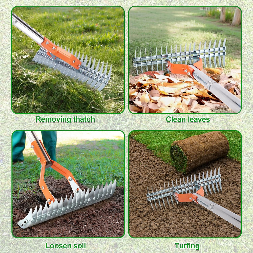 Thatch Rake, 15 Inch Lawn Thatching Rake, Heavy-Duty Dethatcher Rake with Gloves