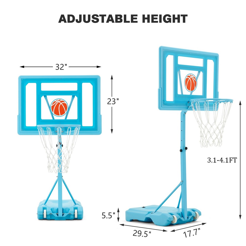 Adjustable Pool Basketball Hoop, Portable with Wheels, Includes Ball & Pump