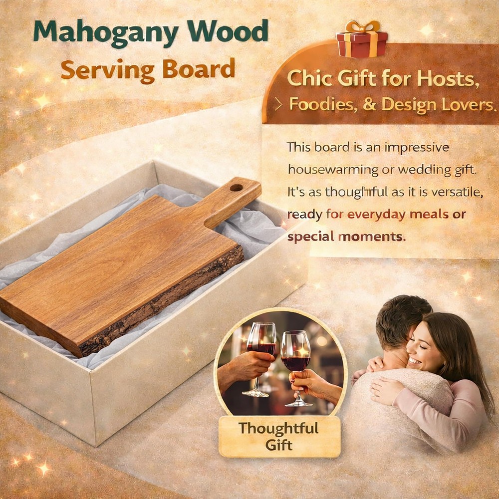 Creative Home Premium Solid Mahogany Wood Charcuterie & Serving Board, Hand‑C...