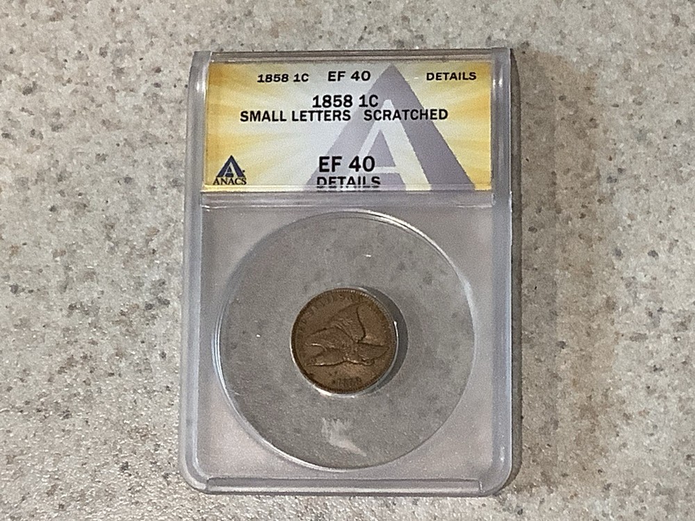 1858 1C Flying Eagle Small Cent Small Letters ANACS EF 40 Details