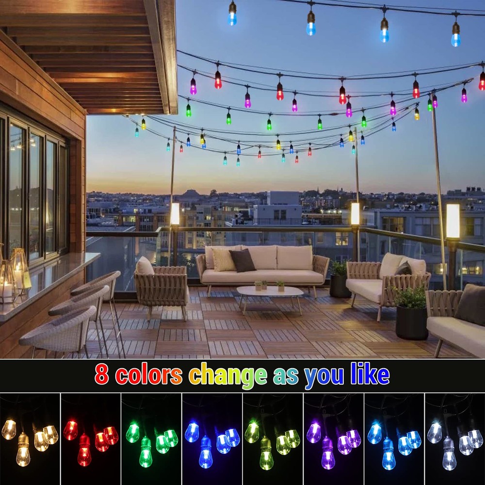 Solar String Lights 48FT 15+3 LED Bulbs Dimmable Waterproof Multicolor WENFENG