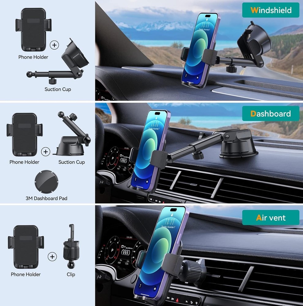 3 in 1 Universal Phone Mount Car Dashboard Windshield Air Vent iPhone Android