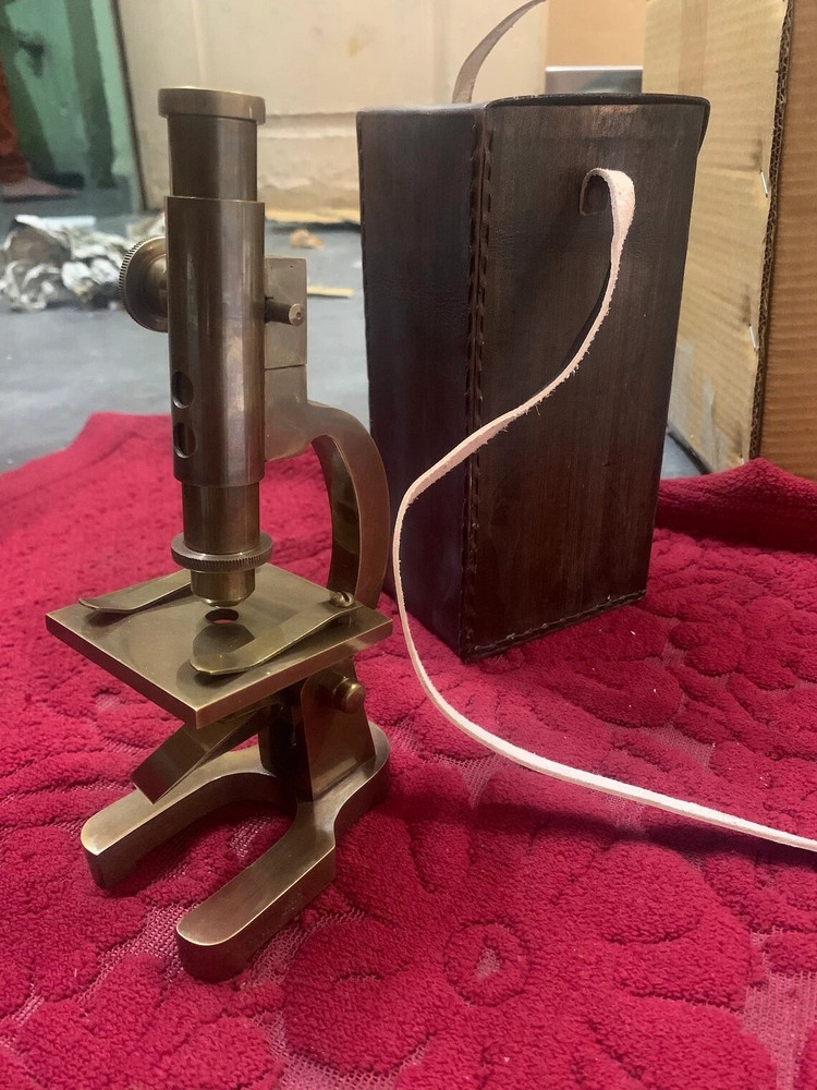 Brass Microscope Student Microscope 7 Inch Antique Type With Leather Cover heave