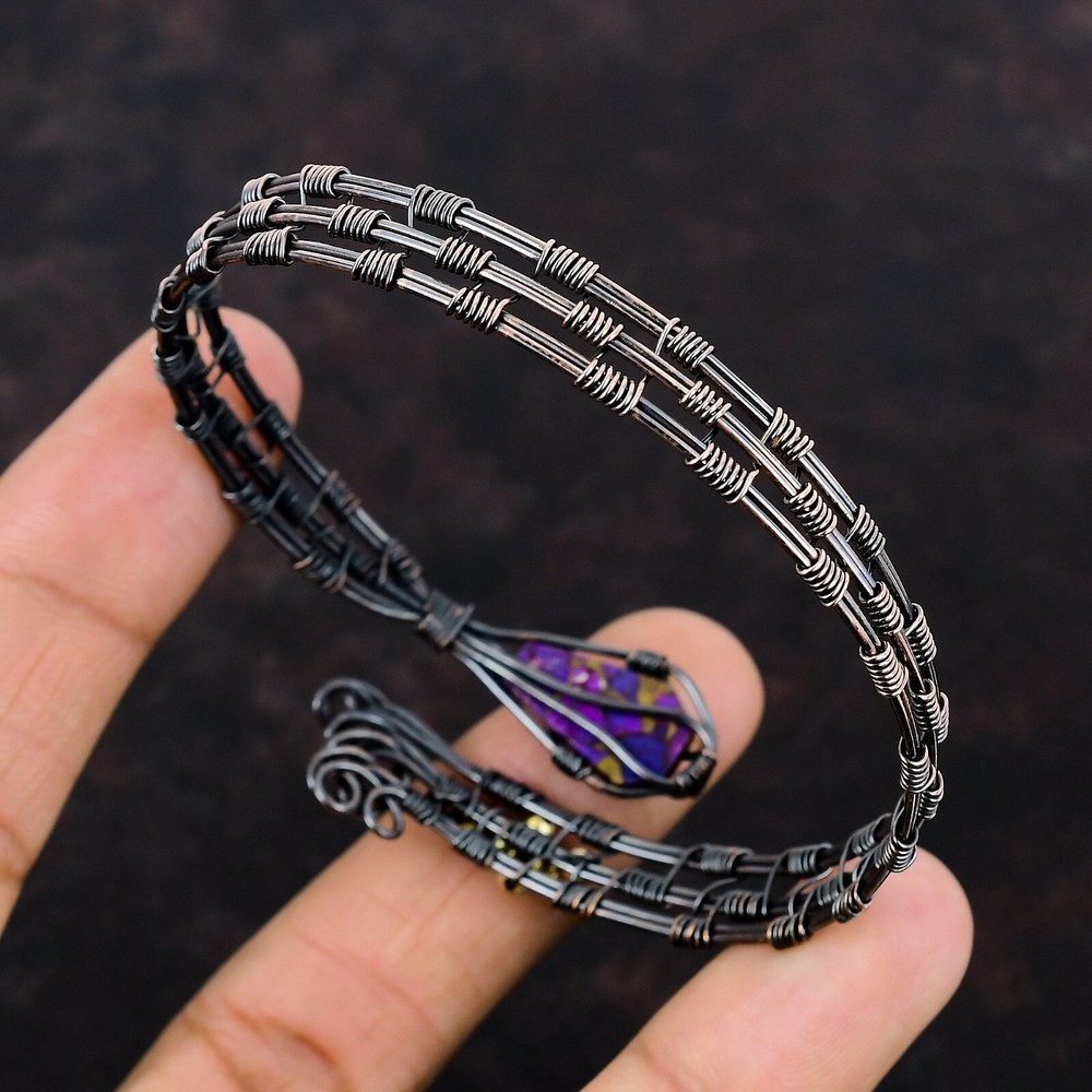Natural Turquoise Gemstone Bangle Wire Wrapped Purple Adjustable Unknown Copper