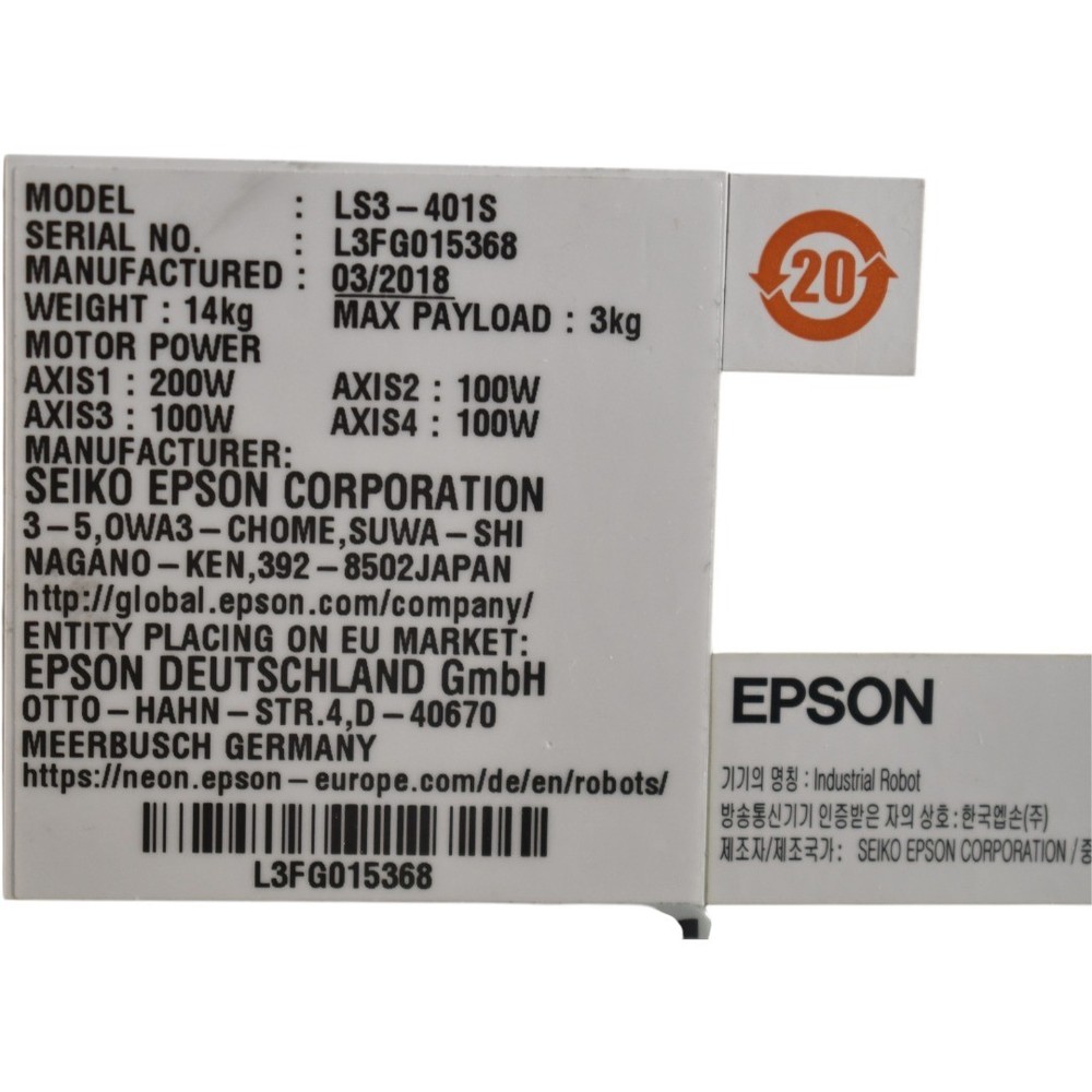 Epson LS3 SCARA Robot LS3-401S 3kg Max Payload 4 Axis, No Controller