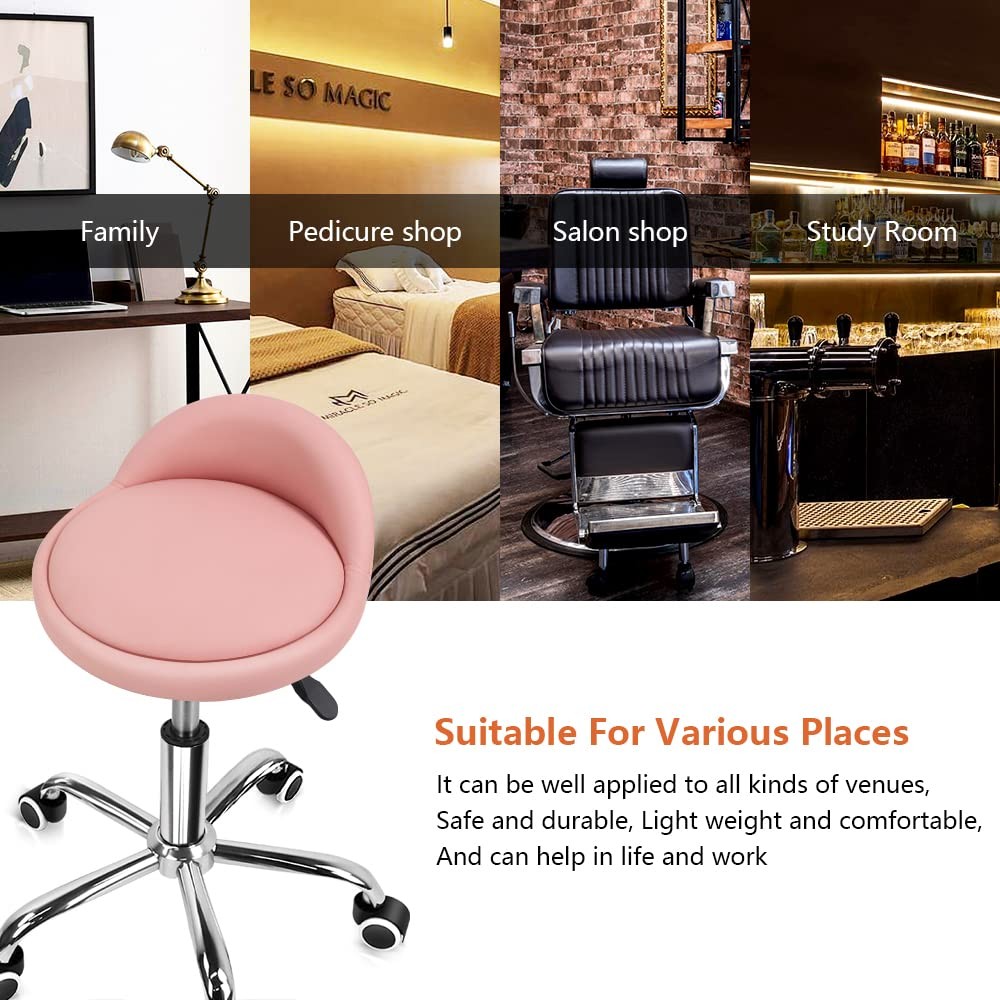 PU Leather Round Rolling Stool with Back Rest Height Adjustable Swivel Drafti...