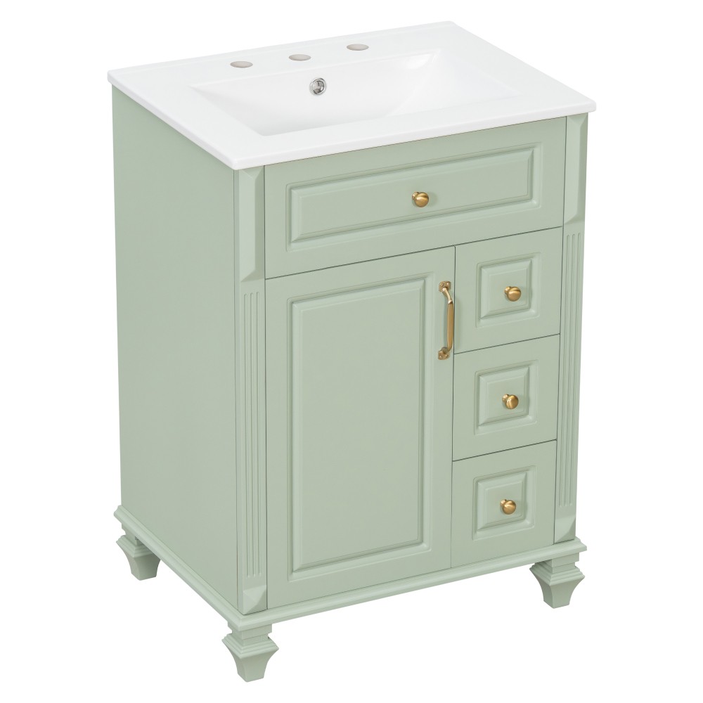 24" Freestanding Vanity with Ceramic Sink & 3 Drawers, Solid Wood & MDF, Green