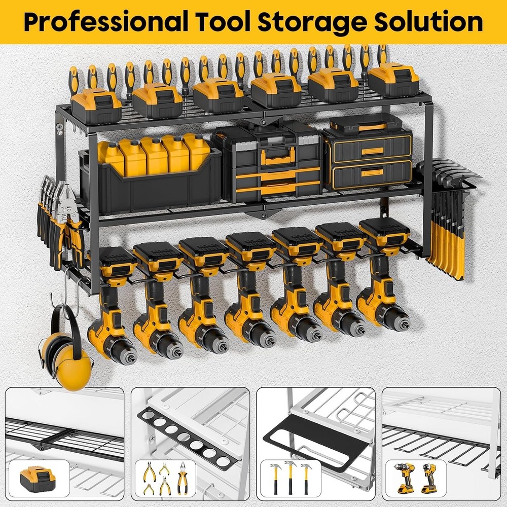 Power Tool Organizer Heavy Duty Wall Mount 150Lbs 7 Drill Holders 3 Layer Rack
