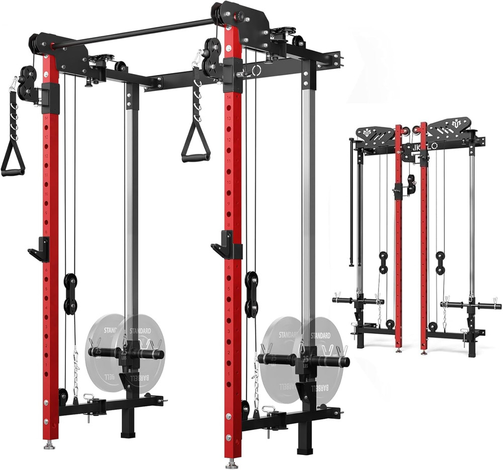 Mikolo Folding Squat Rack, Wall Mounted Power Rack with Cable Crossover Machine
