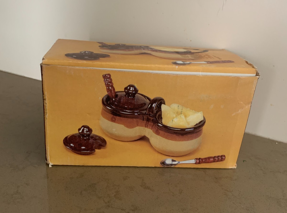 Double Condiment Brown & Beige Glazed Ceramic Serving Set With Spoons