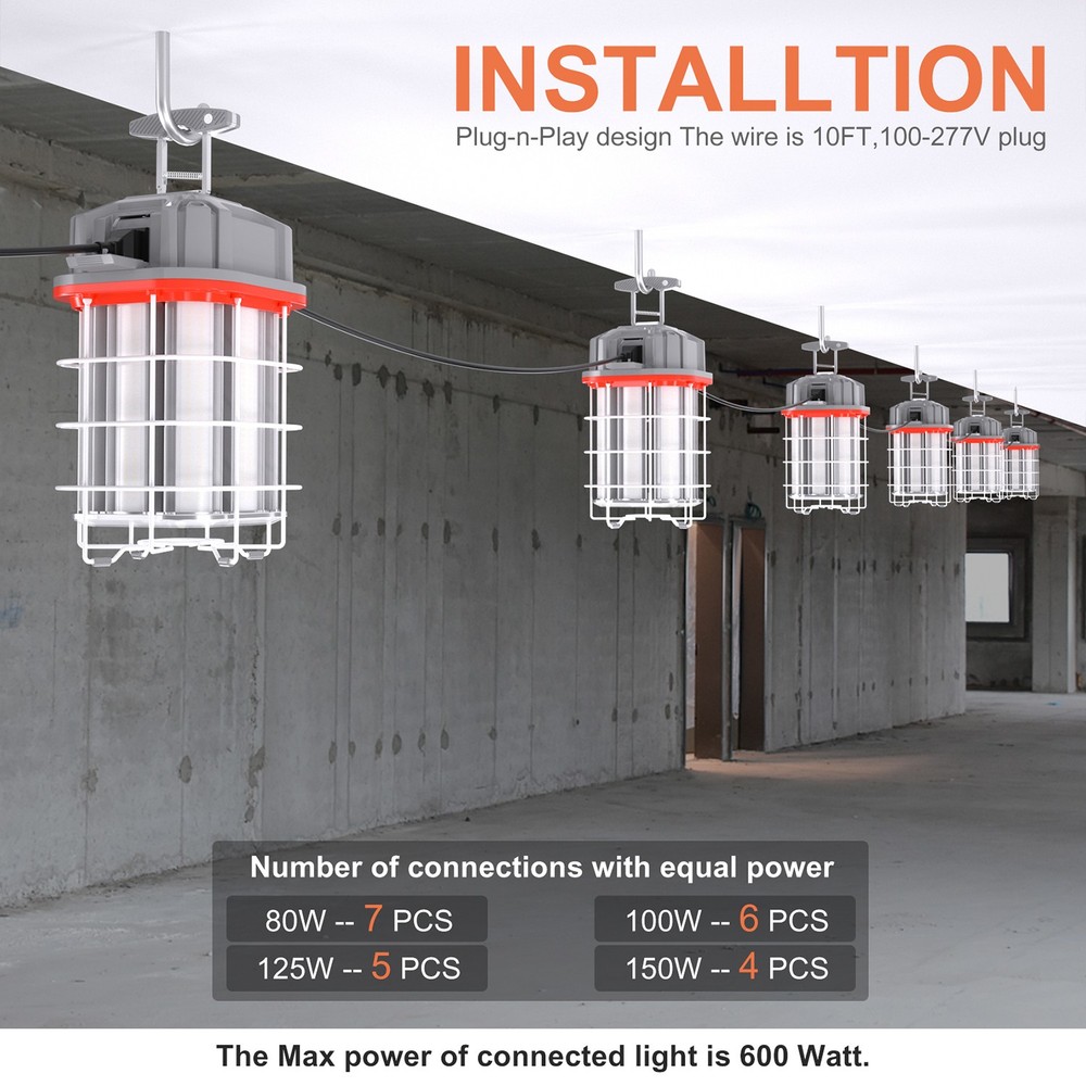 80W LED Temporary Work Light Construction Lights Warehouse Lighting Plug-n-Play